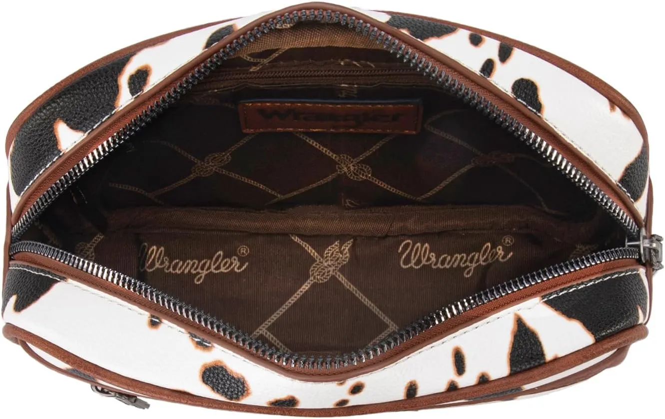 Wrangler Waist Pack for Women Cow Print Fanny Pack Men's Crossbody Belt Bag With Guitar Strap, Brown