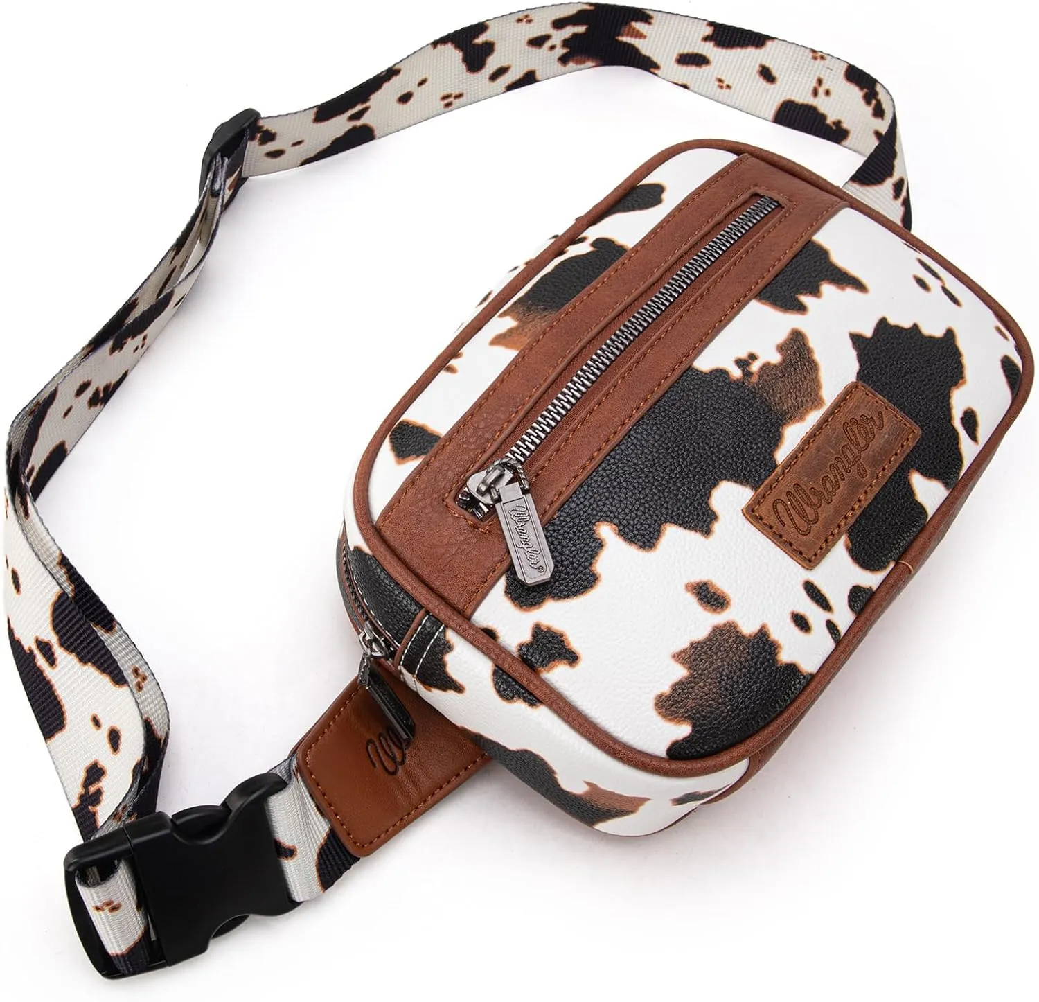 Wrangler Waist Pack for Women Cow Print Fanny Pack Men's Crossbody Belt Bag With Guitar Strap, Brown