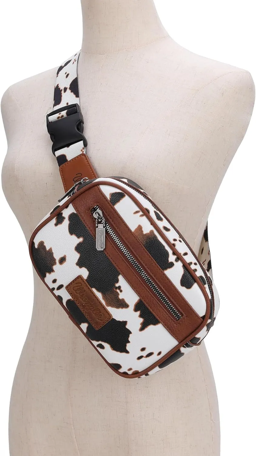 Wrangler Waist Pack for Women Cow Print Fanny Pack Men's Crossbody Belt Bag With Guitar Strap, Brown