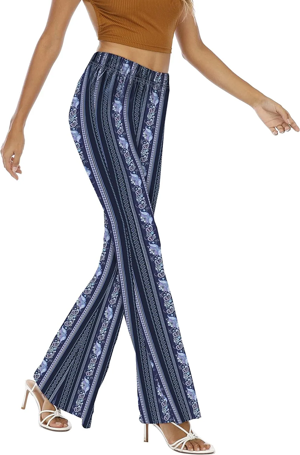 WSPLYSPJY Women's Print Stretch Bell Bottom Flare Palazzo Pants Trousers