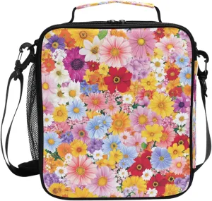 Wudan Spring Colorful Flowers Insulated Kids Lunch Bag Crossbody Boys Lunch Box Bags for Outdoor Picnic