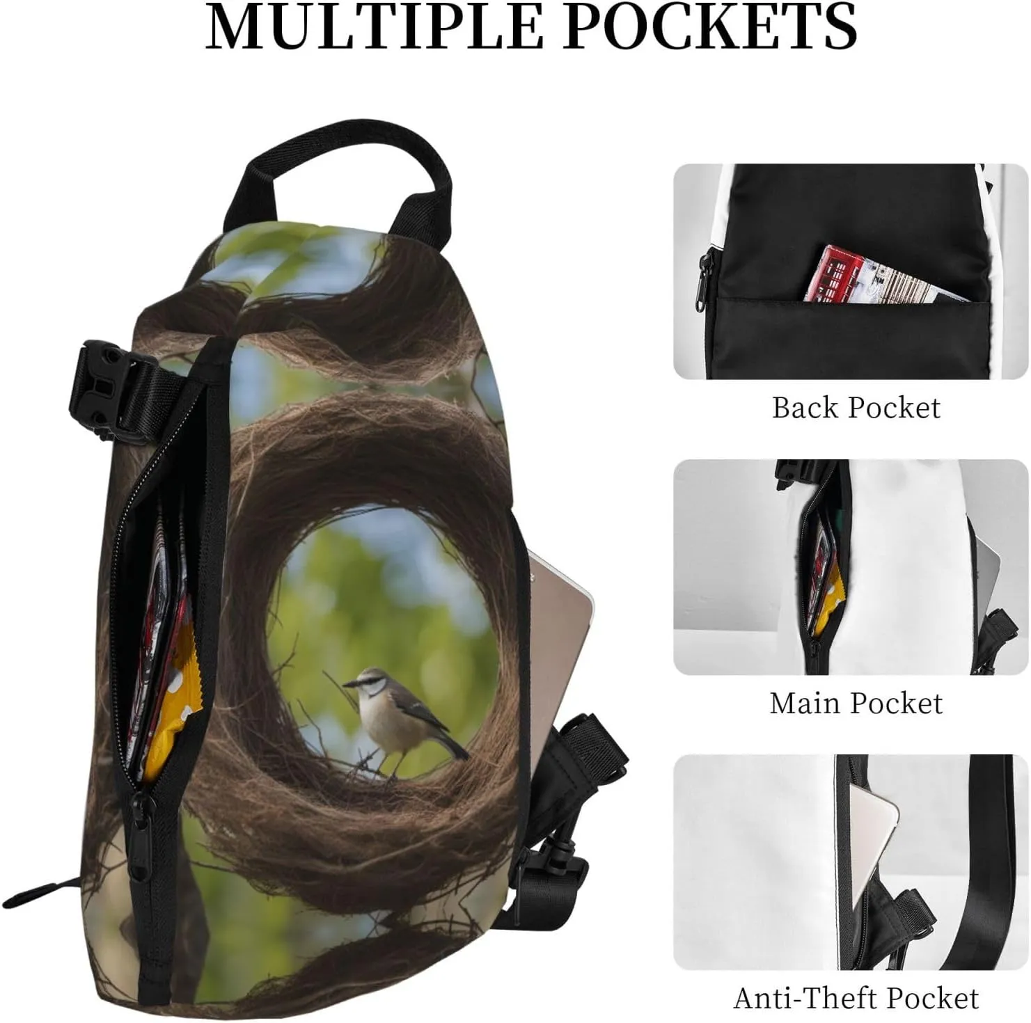 WURTON Black And Gold Flowers Print Lightweight Adjustable Crossbody Backpack Daypack For Men,Women Sling Bag