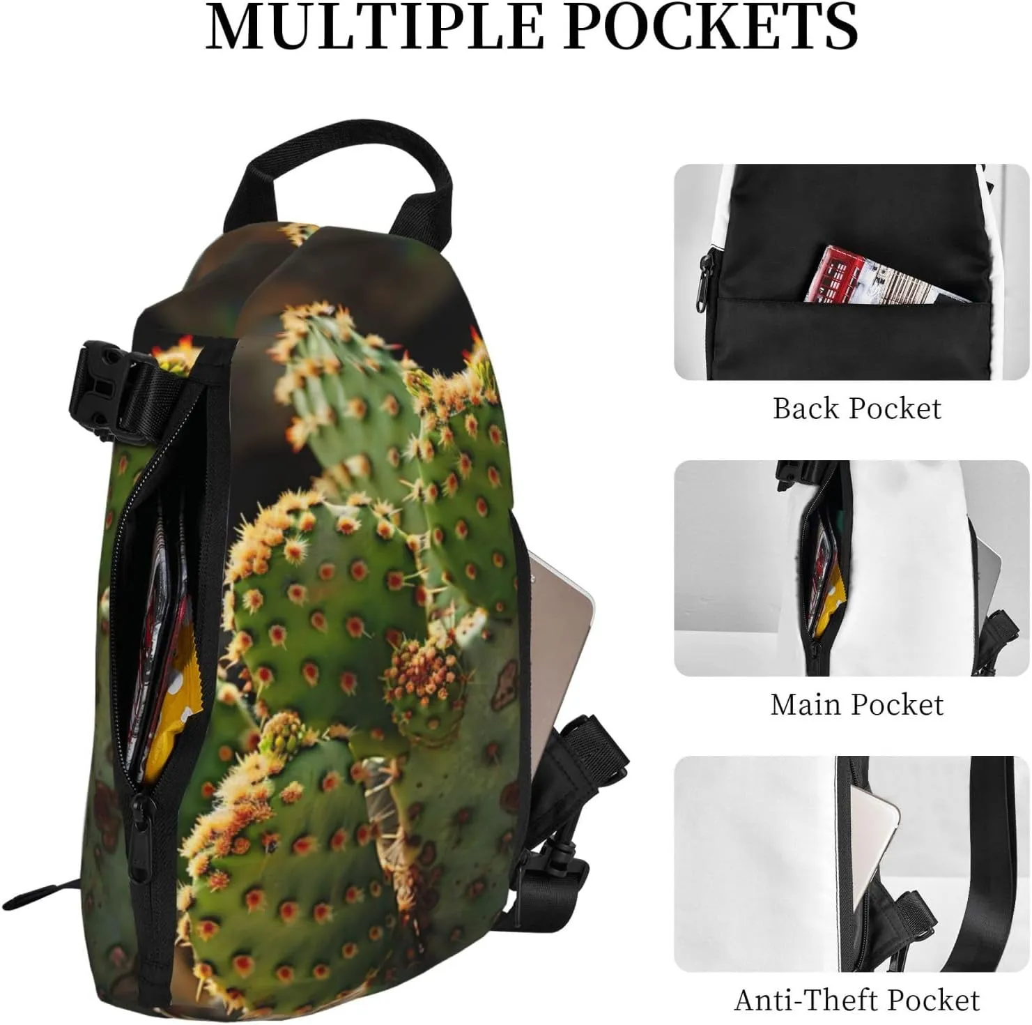 WURTON Cactus Print Crossbody Backpack Cross Pack Lightweight Sling Bag Travel, Hiking