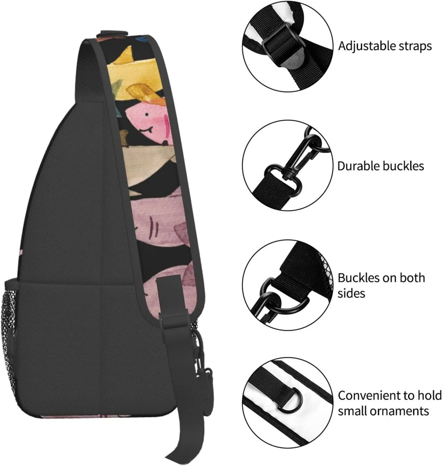 WURTON Colorful Fish Print Trendy Casual Daypack Versatile Crossbody Backpack Shoulder Bag Fashionable Chest Bag