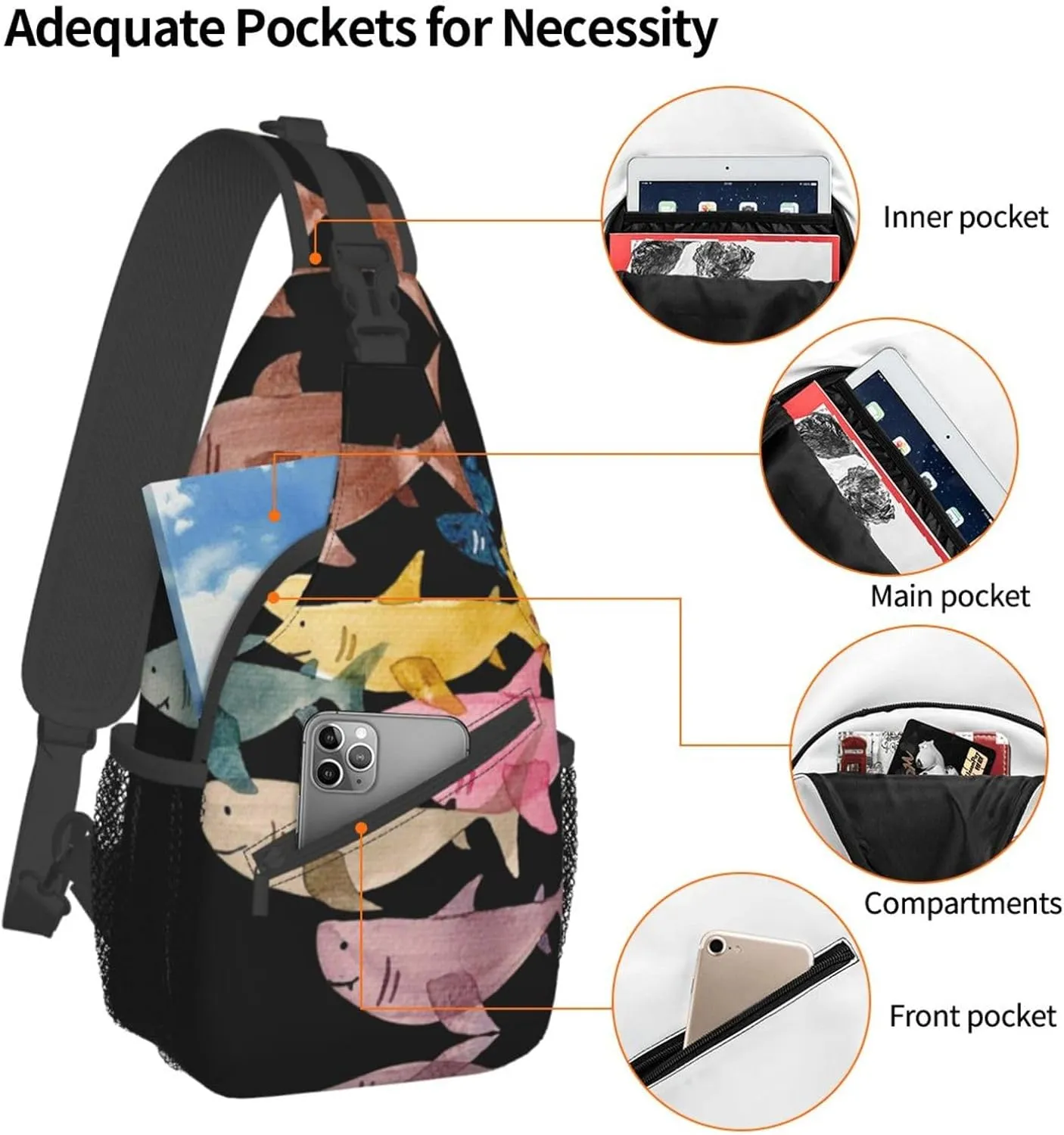 WURTON Colorful Fish Print Trendy Casual Daypack Versatile Crossbody Backpack Shoulder Bag Fashionable Chest Bag