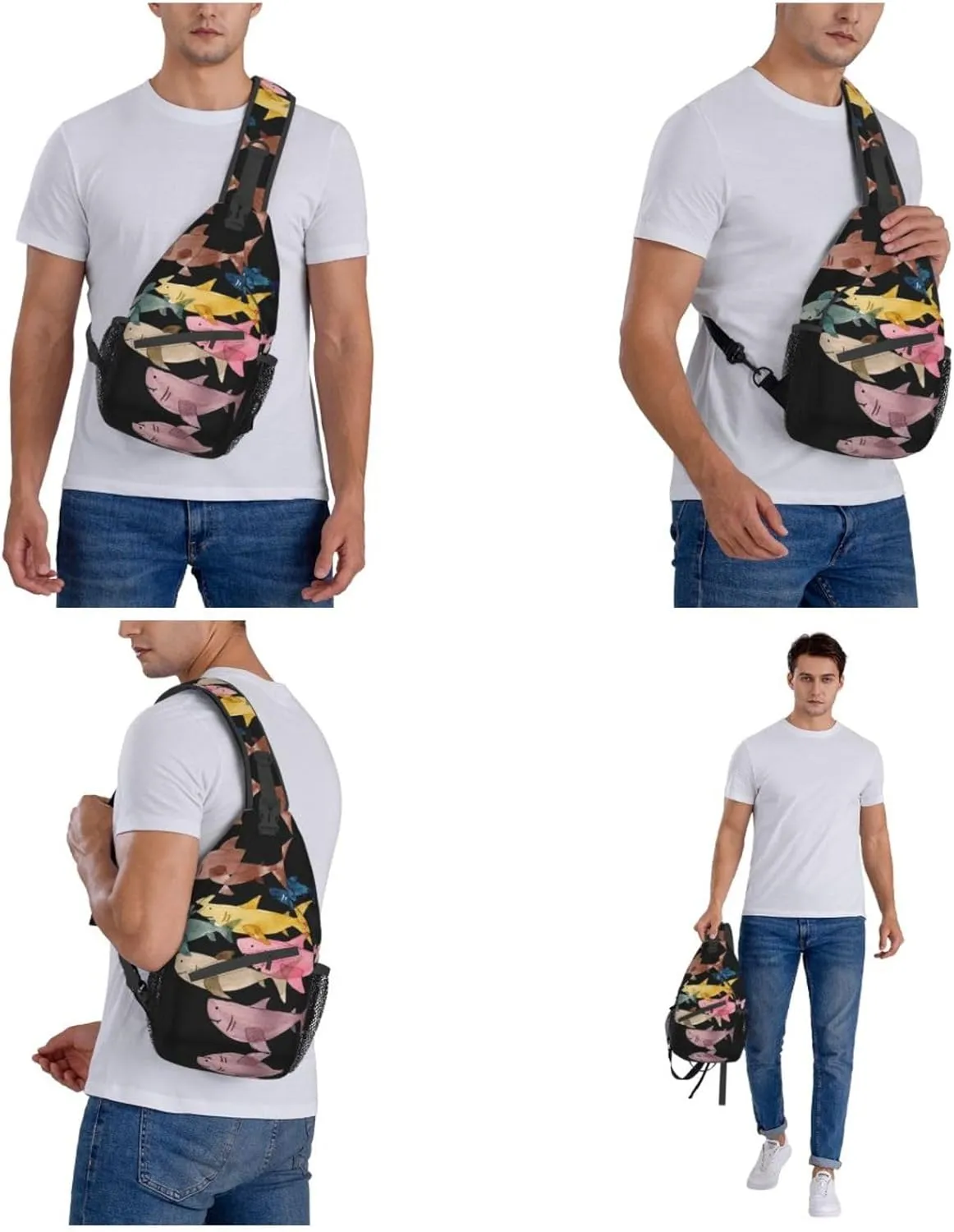 WURTON Colorful Fish Print Trendy Casual Daypack Versatile Crossbody Backpack Shoulder Bag Fashionable Chest Bag