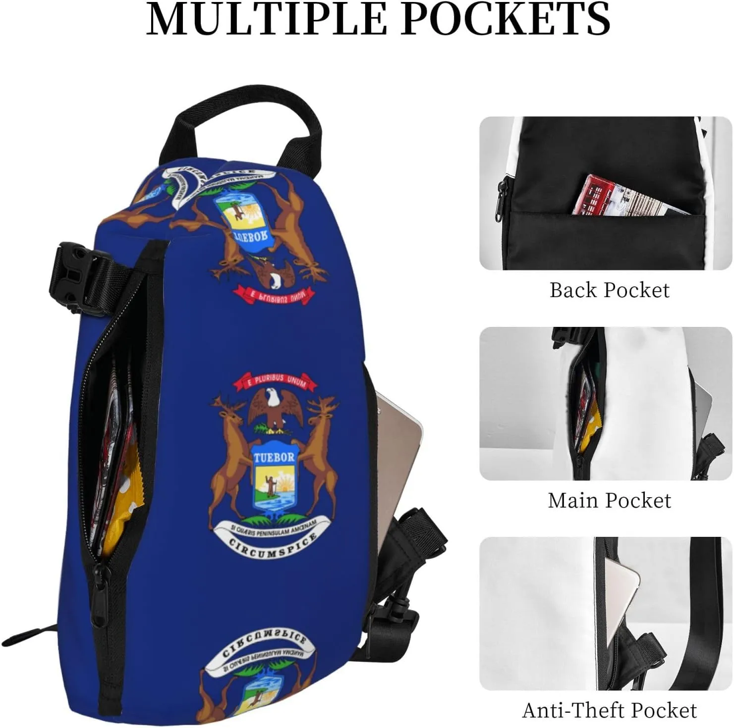WURTON Michigan State Flag Print Crossbody Backpack Cross Pack Lightweight Sling Bag Travel, Hiking