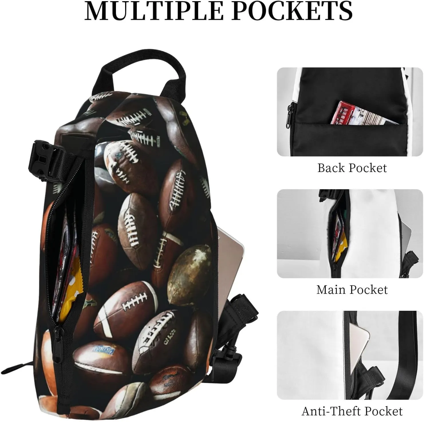 WURTON Pile Of Footballs Print Crossbody Backpack Cross Pack Lightweight Sling Bag Travel, Hiking