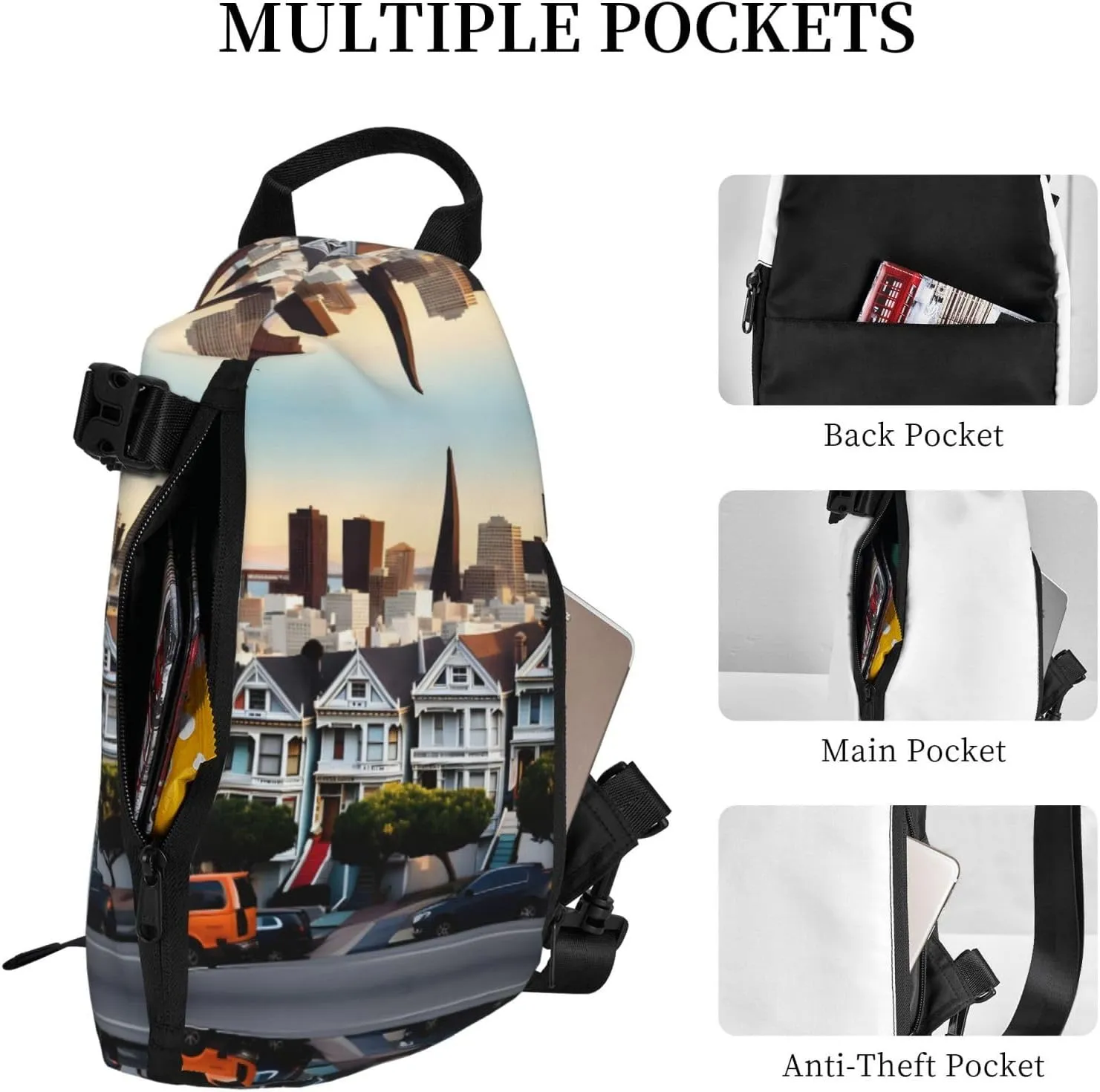 WURTON San Francisco Print Crossbody Backpack Cross Pack Lightweight Sling Bag Travel, Hiking