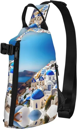 WURTON Santorini Greek Island Sea View Print Crossbody Backpack Cross Pack Lightweight Sling Bag Travel, Hiking