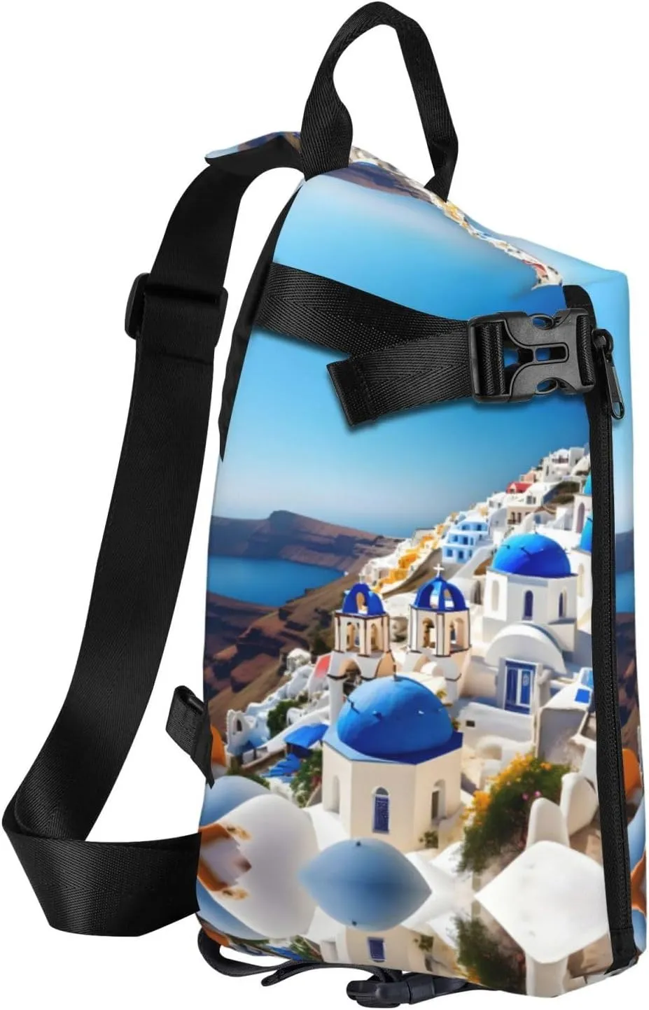 WURTON Santorini Greek Island Sea View Print Crossbody Backpack Cross Pack Lightweight Sling Bag Travel, Hiking