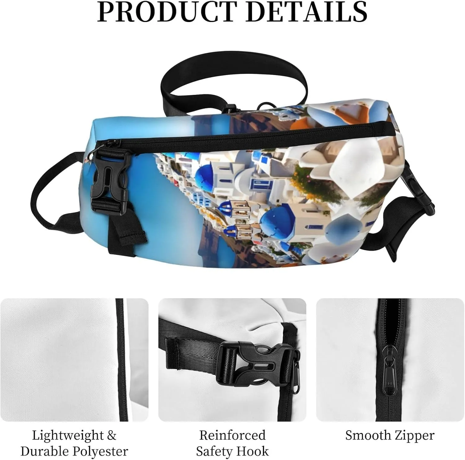 WURTON Santorini Greek Island Sea View Print Crossbody Backpack Cross Pack Lightweight Sling Bag Travel, Hiking