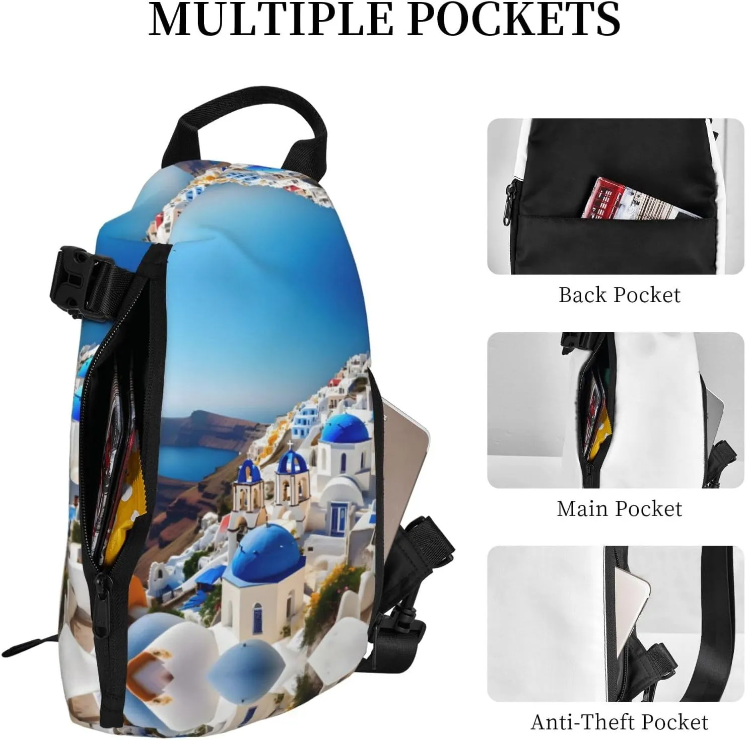 WURTON Santorini Greek Island Sea View Print Crossbody Backpack Cross Pack Lightweight Sling Bag Travel, Hiking