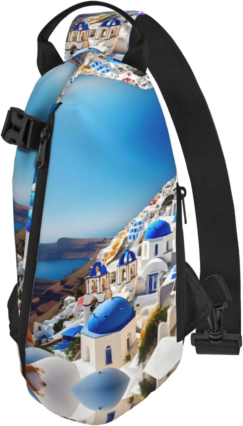 WURTON Santorini Greek Island Sea View Print Crossbody Backpack Cross Pack Lightweight Sling Bag Travel, Hiking
