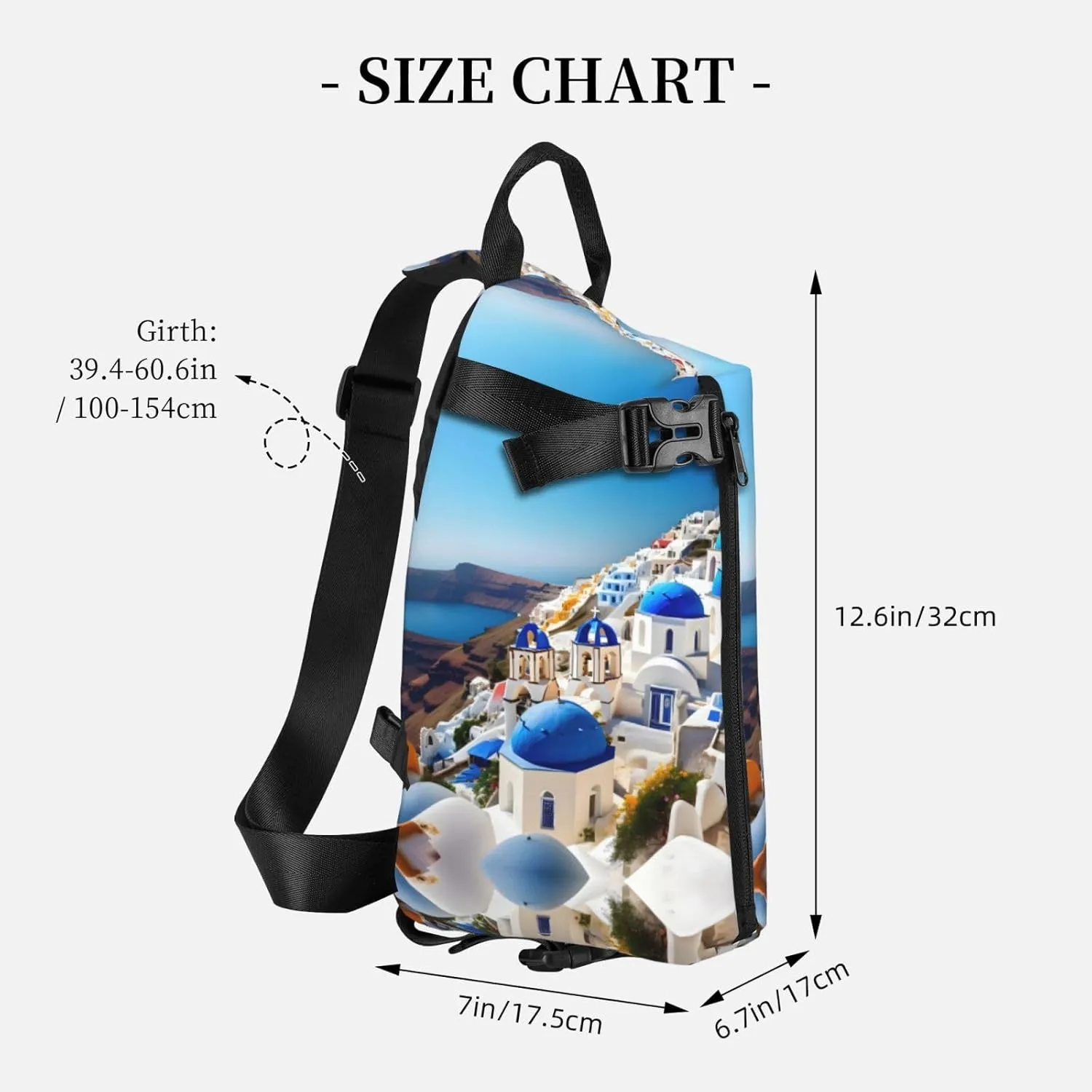 WURTON Santorini Greek Island Sea View Print Crossbody Backpack Cross Pack Lightweight Sling Bag Travel, Hiking