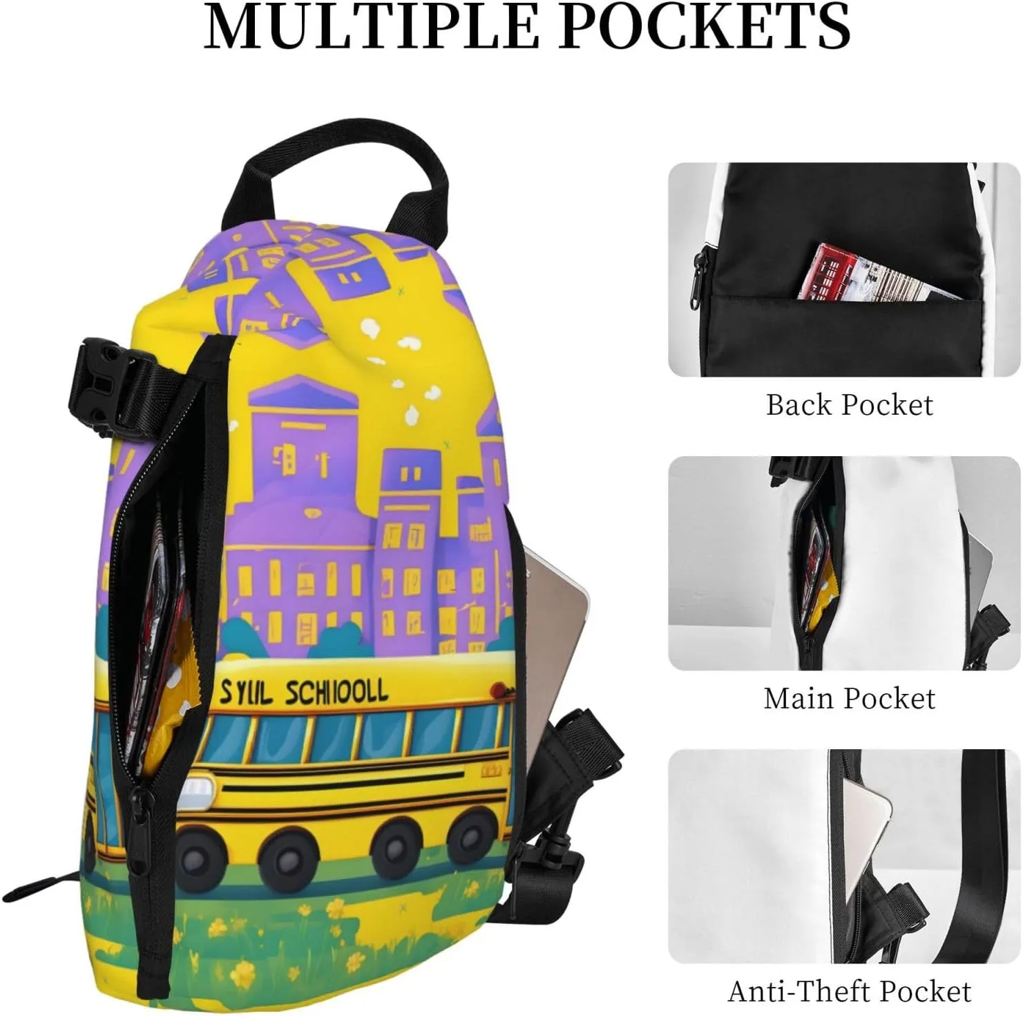 WURTON School Bus Print Crossbody Backpack Cross Pack Lightweight Sling Bag Travel, Hiking