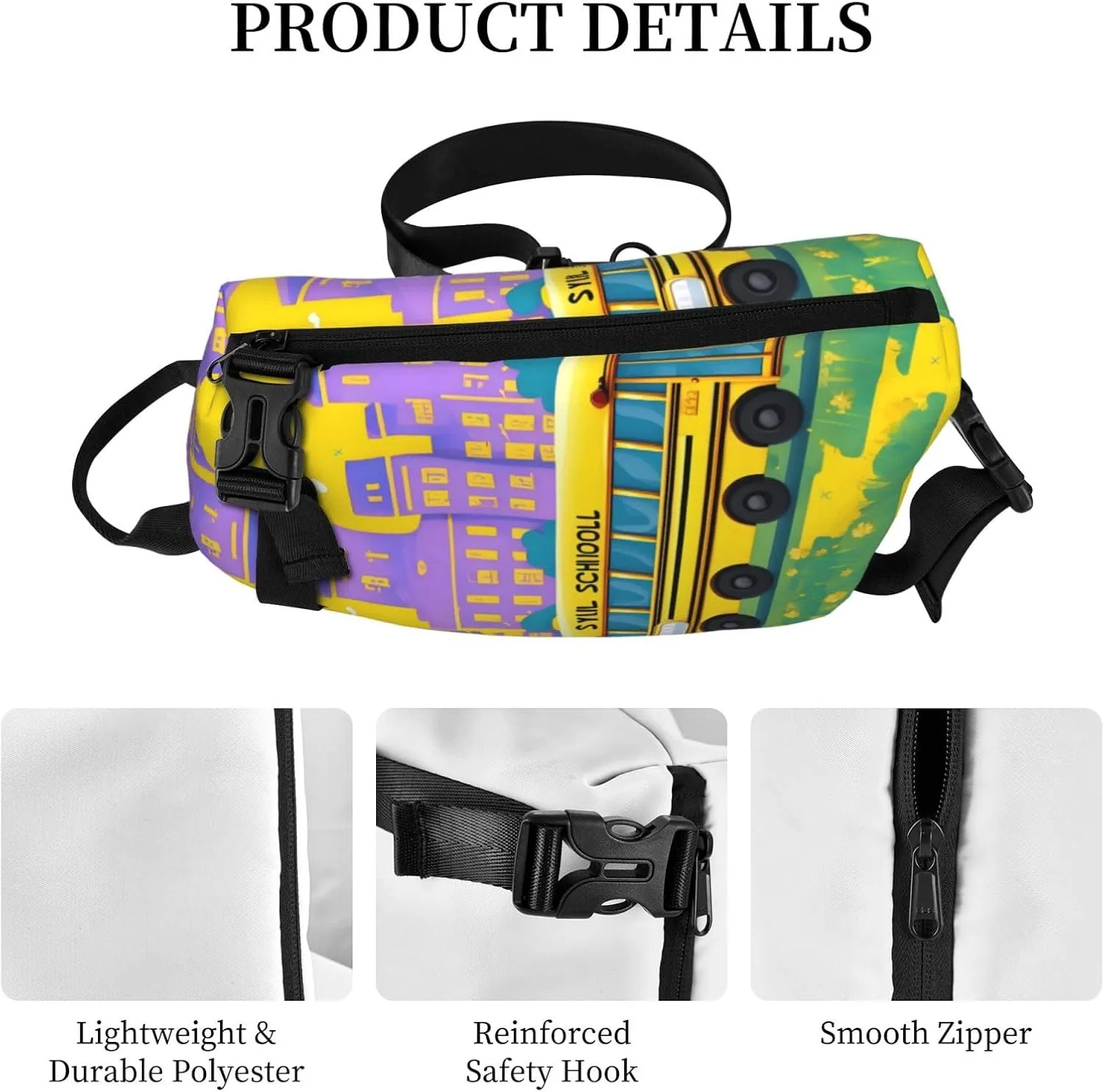 WURTON School Bus Print Crossbody Backpack Cross Pack Lightweight Sling Bag Travel, Hiking