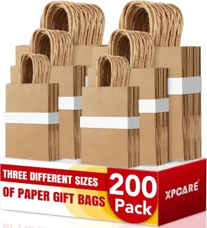 XPCARE 200PCS Brown Paper Bags with Handles, Three Different Sizes of 5.25x3.25x8.25 & 8x4.5x10 & 10x5x13 Inch Grocery Retail Kraft Paper Gift Bags for Party Birthday Shopping Takeaway