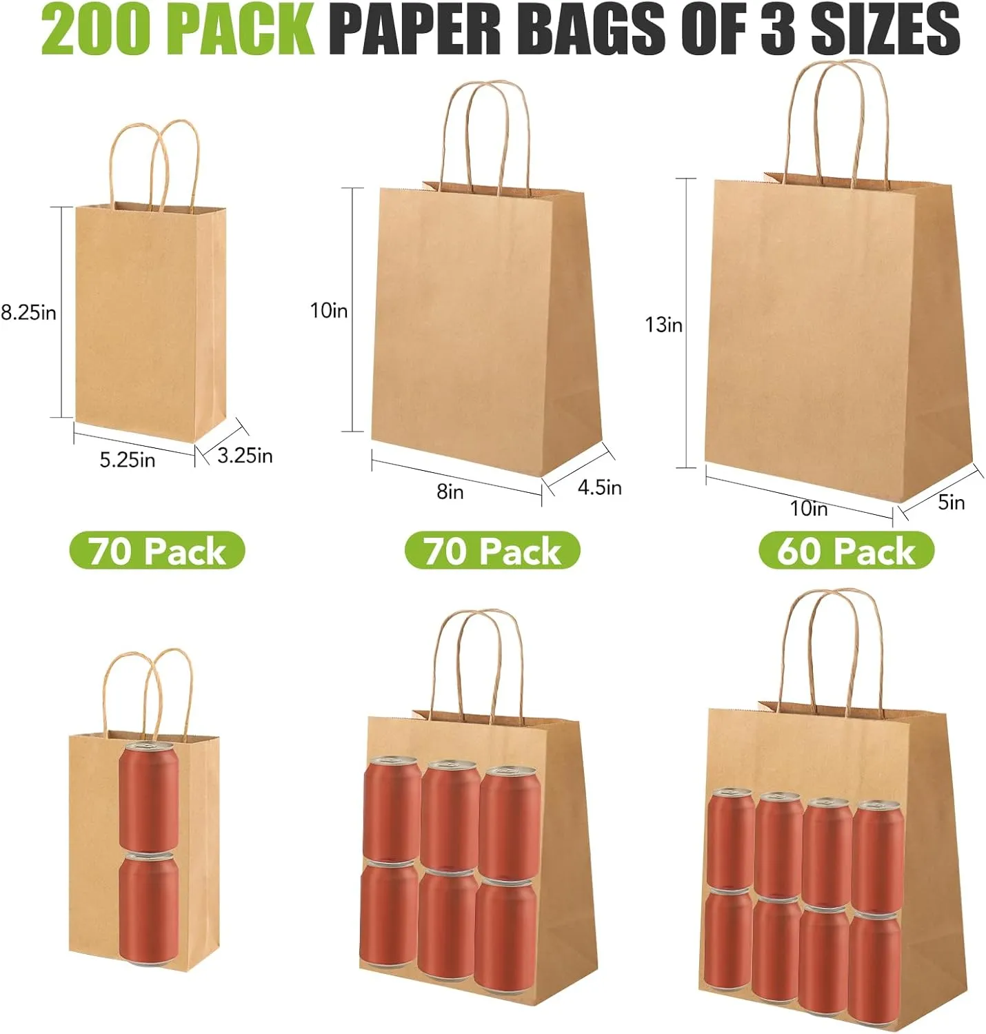 XPCARE 200PCS Brown Paper Bags with Handles, Three Different Sizes of 5.25x3.25x8.25 & 8x4.5x10 & 10x5x13 Inch Grocery Retail Kraft Paper Gift Bags for Party Birthday Shopping Takeaway