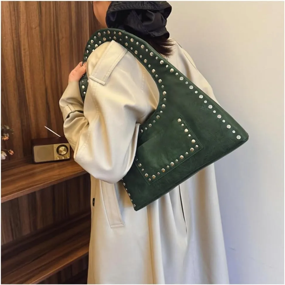 Y2k Crescent Hobo Bags Women 90s Trendy Studded Shoulder Satchels Crossbody Purse PU Leather Punk Underarm Tote Handbag