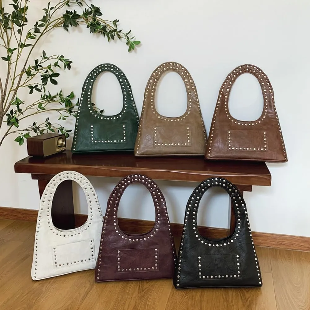 Y2k Crescent Hobo Bags Women 90s Trendy Studded Shoulder Satchels Crossbody Purse PU Leather Punk Underarm Tote Handbag