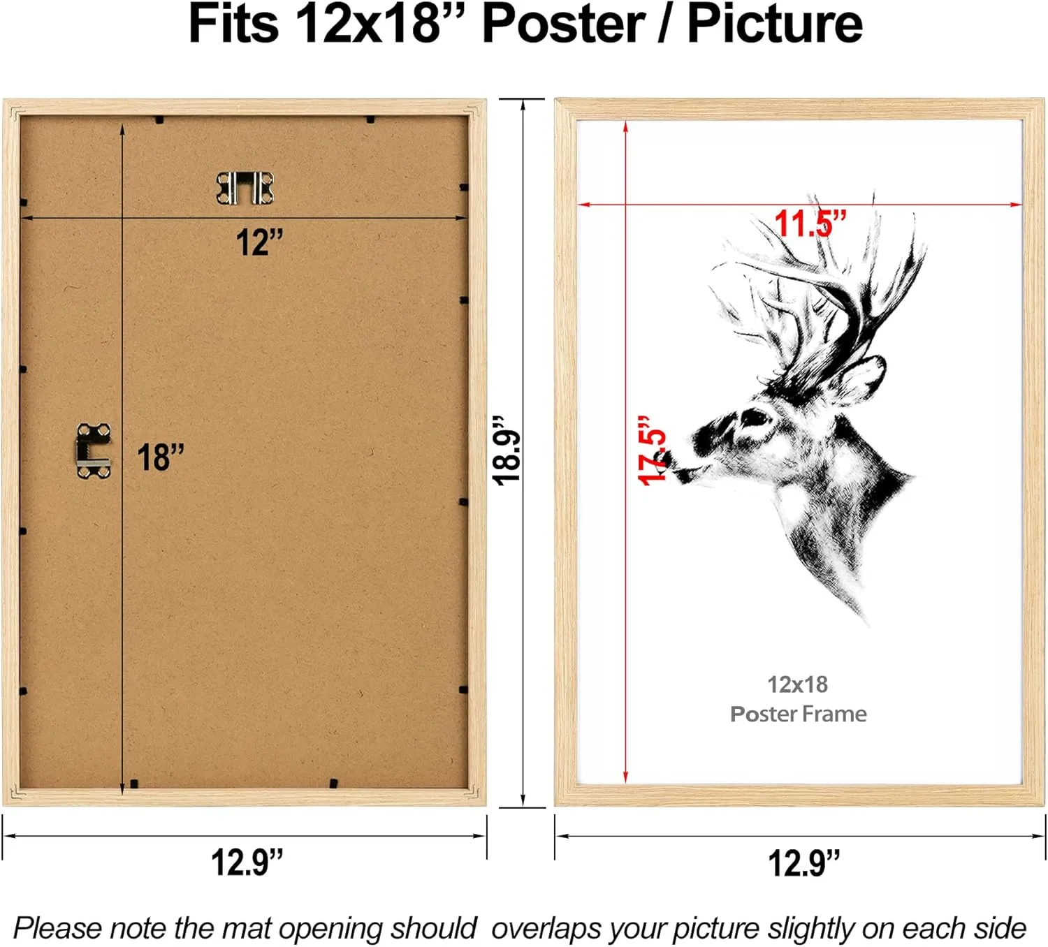 Yaetm Wood 12x18 Picture Frame Set of 2, Natural Solid Oak Wood 12x18 Poster Frame for Wall Gallery, Horizontal and Vertical Wall Mounting (2 pack, Oak)