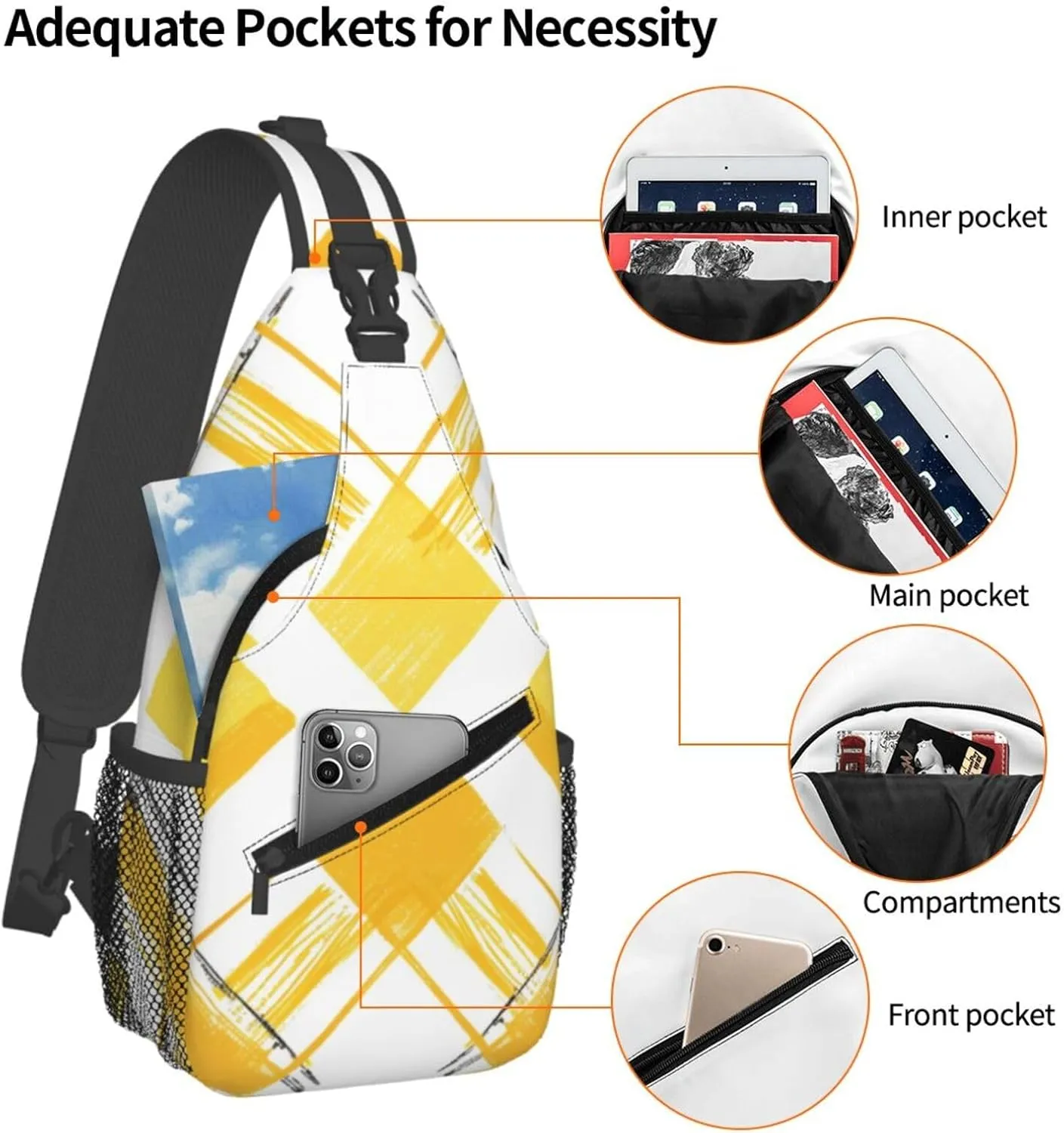 Yellow Rhombus Plaid Pattern Backpack Travel Hiking Daypack Chest Bags Crossbody Shoulder Bag