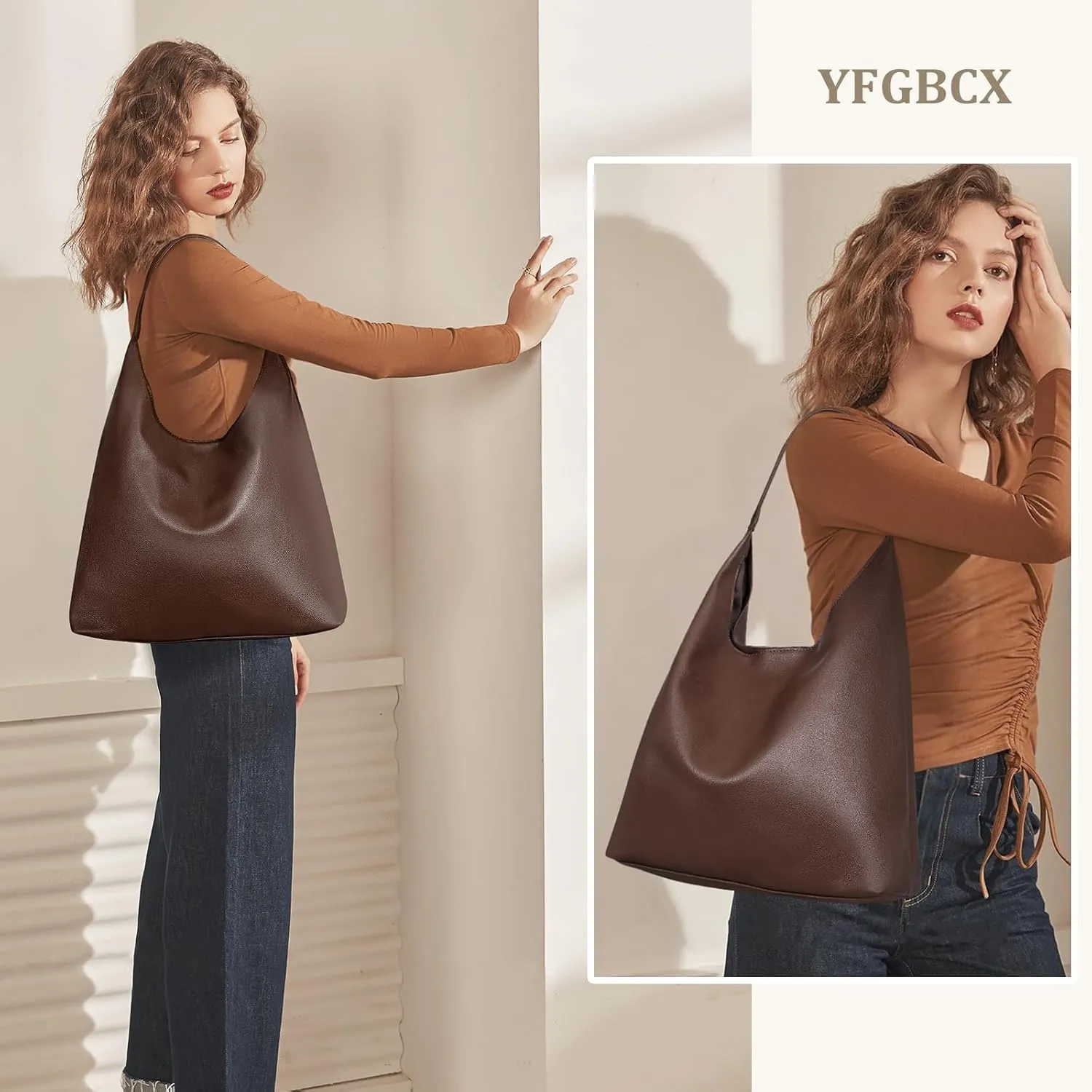 YFGBCX Slouchy Hobo Tote Bags for Women - Faux Leather Work & College Tote Handbags with Small Pouch