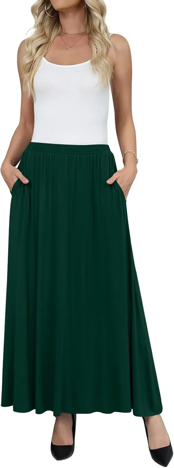 Yincro Womens Maxi Skirt Casual Flowy Elastic High Waist Long Skirts with Pockets