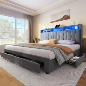 YITAHOME King Bed Frame with 3 Drawers, Upholstered Bed Frame with Storage Headboard, LED Platform Bed with Charging Station, No Box Spring Required, Simple Setup (Grey)