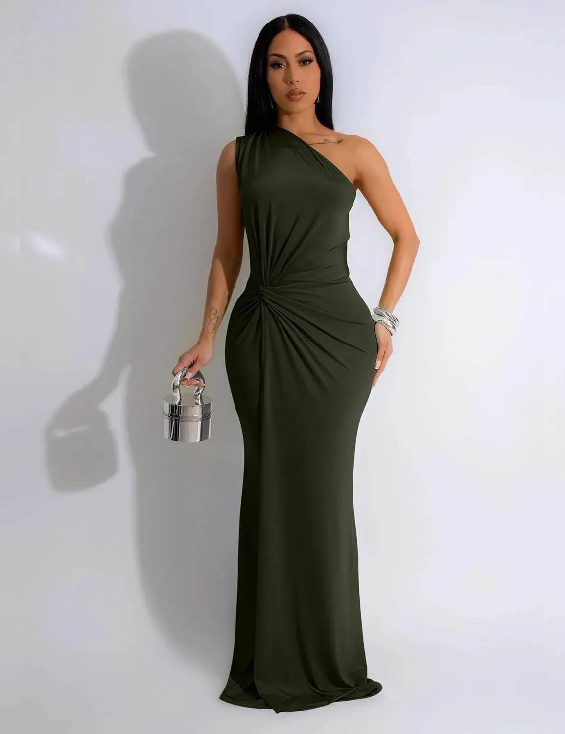 YMDUCH Women's Elegant One Shoulder Sleeveless Twist Waist Bodycon Party Long Dress