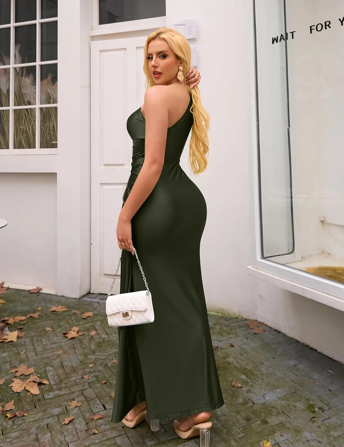 YMDUCH Women's Elegant One Shoulder Sleeveless Twist Waist Bodycon Party Long Dress