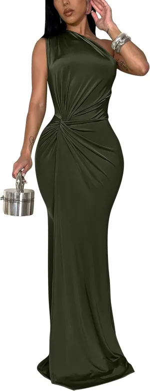 YMDUCH Women's Elegant One Shoulder Sleeveless Twist Waist Bodycon Party Long Dress