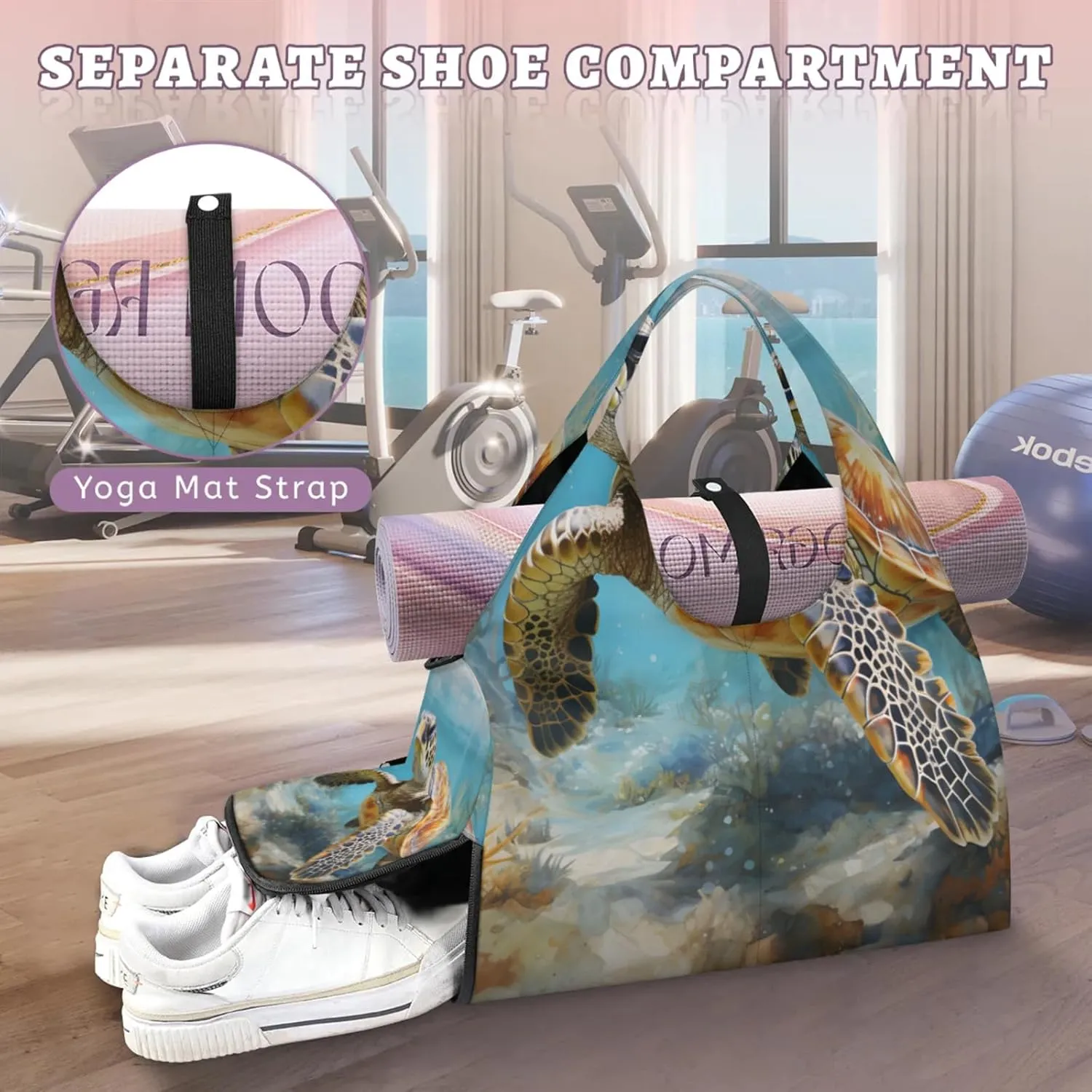 Yoga Tote Bag for Women Leisurely Turtle Beach Bag with Shoe Storage & Yoga Mat Strap Waterproof Weekender Duffle Bag for Travel Fitness Weekend Trips