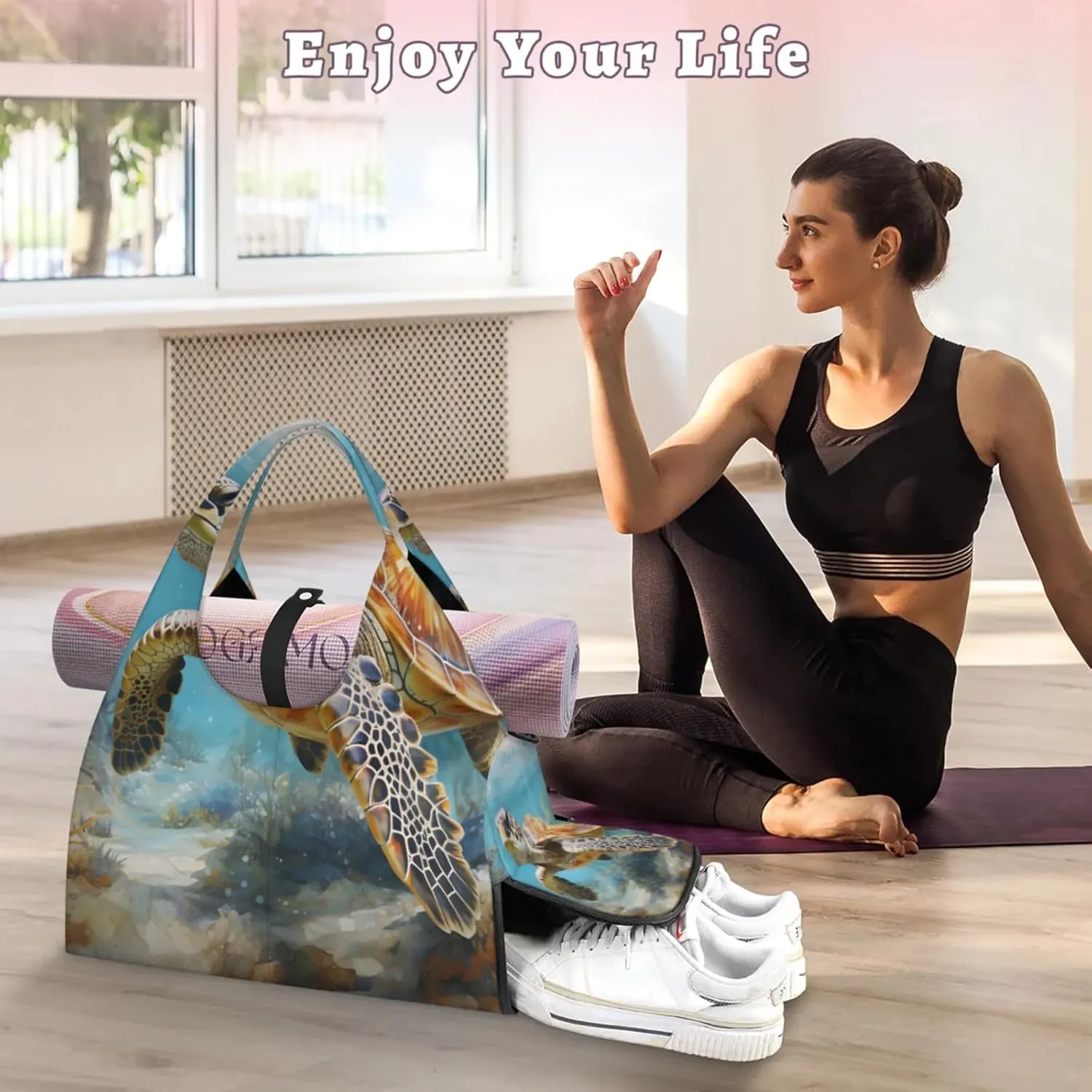 Yoga Tote Bag for Women Leisurely Turtle Beach Bag with Shoe Storage & Yoga Mat Strap Waterproof Weekender Duffle Bag for Travel Fitness Weekend Trips