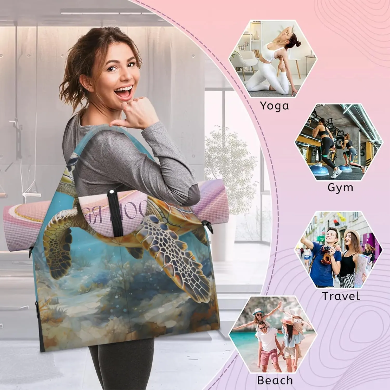 Yoga Tote Bag for Women Leisurely Turtle Beach Bag with Shoe Storage & Yoga Mat Strap Waterproof Weekender Duffle Bag for Travel Fitness Weekend Trips
