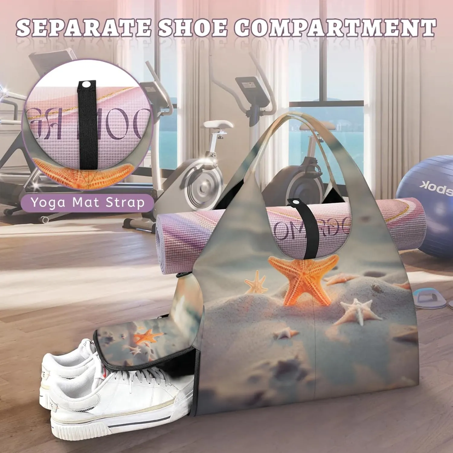 Yoga Tote Bag for Women Sandy Beach Starfish Beach Bag with Shoe Storage & Yoga Mat Strap Waterproof Weekender Duffle Bag for Travel Fitness Weekend Trips