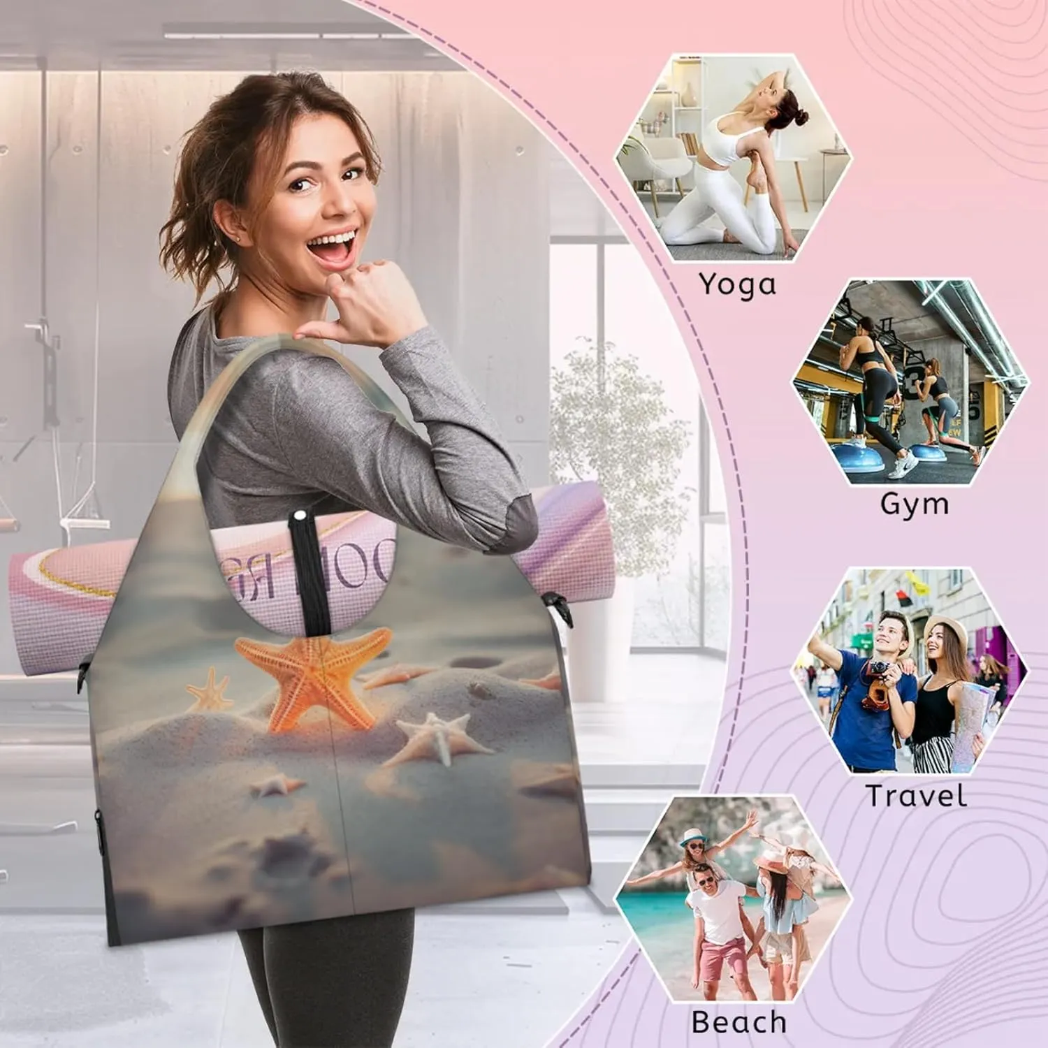 Yoga Tote Bag for Women Sandy Beach Starfish Beach Bag with Shoe Storage & Yoga Mat Strap Waterproof Weekender Duffle Bag for Travel Fitness Weekend Trips