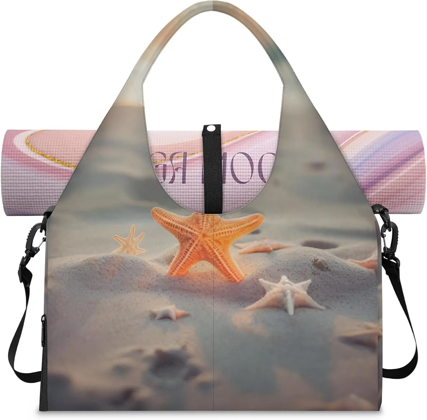 Yoga Tote Bag for Women Sandy Beach Starfish Beach Bag with Shoe Storage & Yoga Mat Strap Waterproof Weekender Duffle Bag for Travel Fitness Weekend Trips