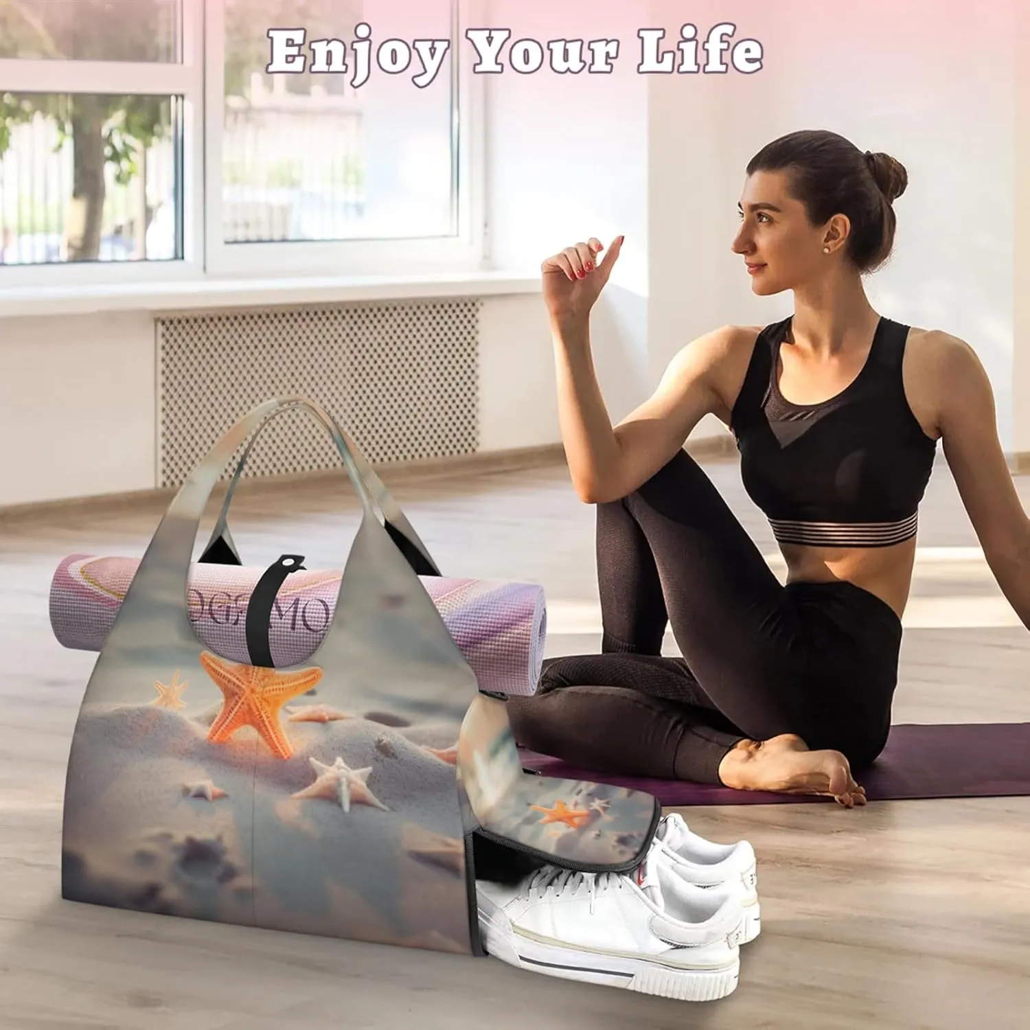 Yoga Tote Bag for Women Sandy Beach Starfish Beach Bag with Shoe Storage & Yoga Mat Strap Waterproof Weekender Duffle Bag for Travel Fitness Weekend Trips
