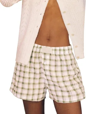 Yuemengxuan Y2k Plaid Shorts Baggy Boxer Shorts for Women Elastic Waist Casual Lounge Bottom Gingham Pajama Shorts Sleepwear