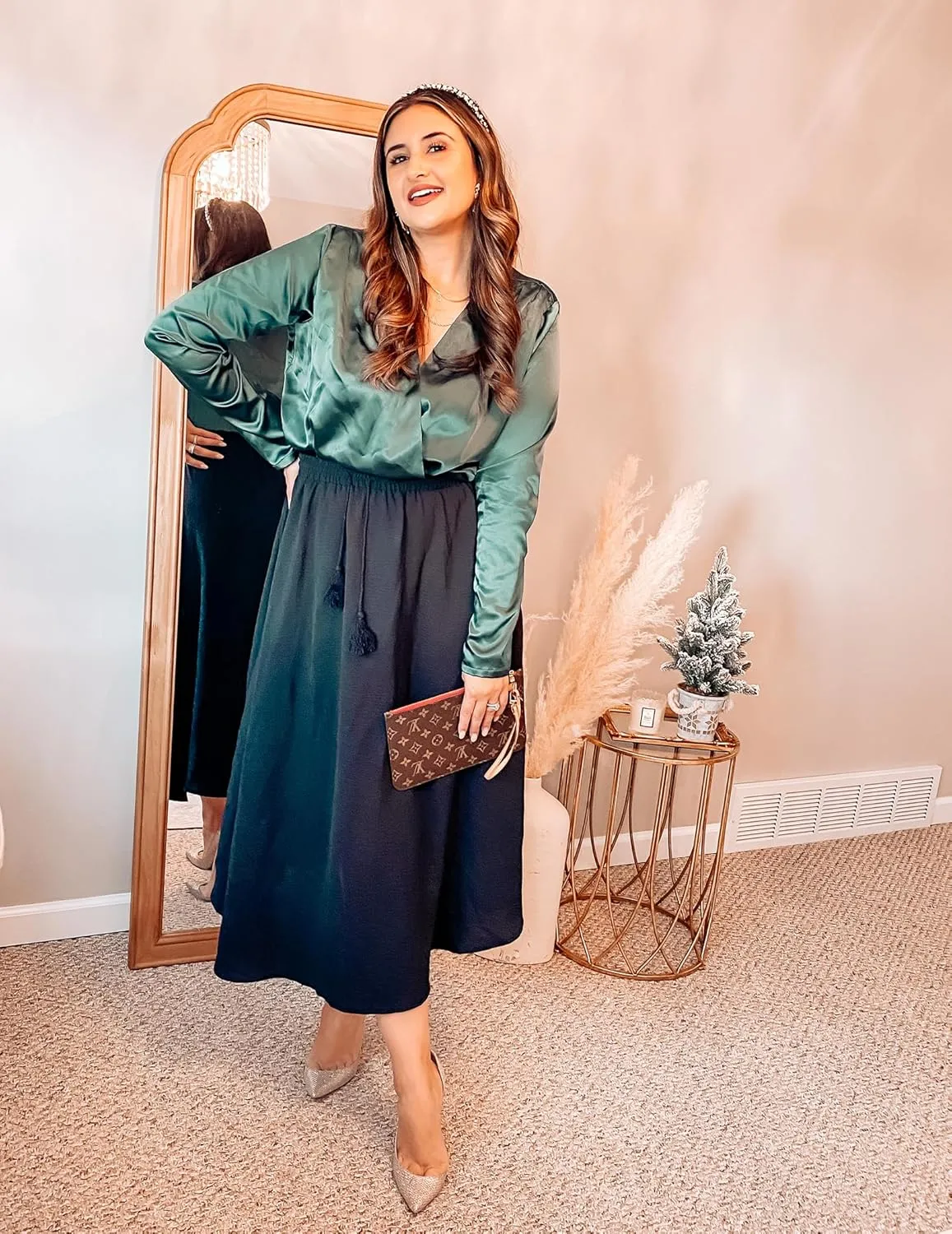 Zeagoo Womens Flowy Pleated Skirts A Line Elastic High Waisted Midi Skirt Boho Casual Long Skirts Brown Leaf Print XXL