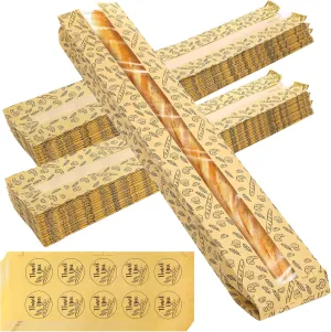 ZENFUN 100 Pack Baguette Bags, 23"x4"x1.6" Long Bread Kraft Paper Bakery Storage Bag with Clear Front Window and 100 Pcs Seal Sticker for French Bread, Sandwich