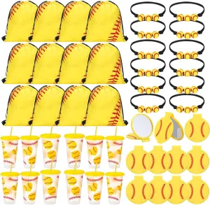 Zhehao 48 Pcs Cheerleader Gifts Bulk for Team Cheerleading Gifts Include 12 Tumbler Cups with Lid and Straw, Drawstring Bags, Bracelets, Compact Mirrors for Team Women Party Favor(Yellow,Softball)