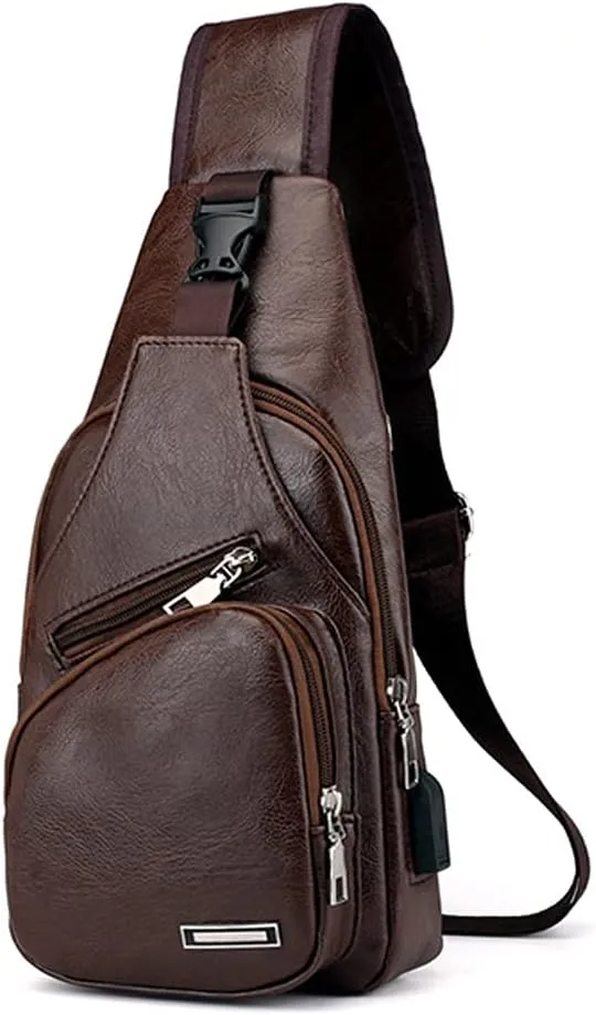 ZiMing Men Sling Bag Sling Backpack Business Leather Shoulder Bag Satchel Campus Travel Crossbody Bag with USB Charging Port