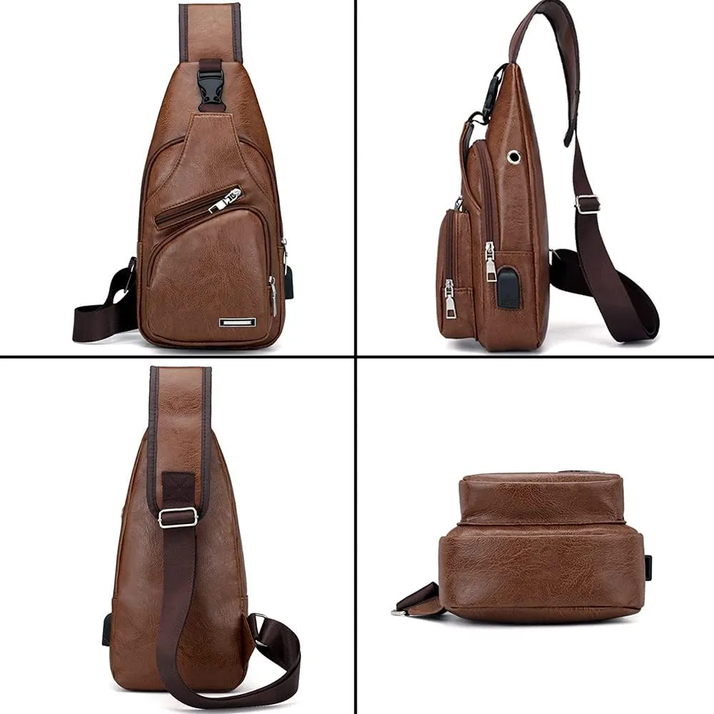 ZiMing Men Sling Bag Sling Backpack Business Leather Shoulder Bag Satchel Campus Travel Crossbody Bag with USB Charging Port