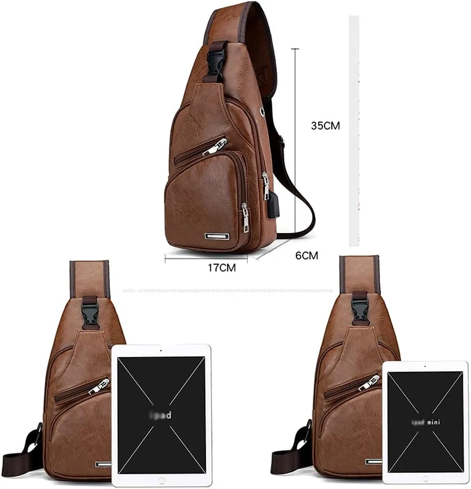 ZiMing Men Sling Bag Sling Backpack Business Leather Shoulder Bag Satchel Campus Travel Crossbody Bag with USB Charging Port