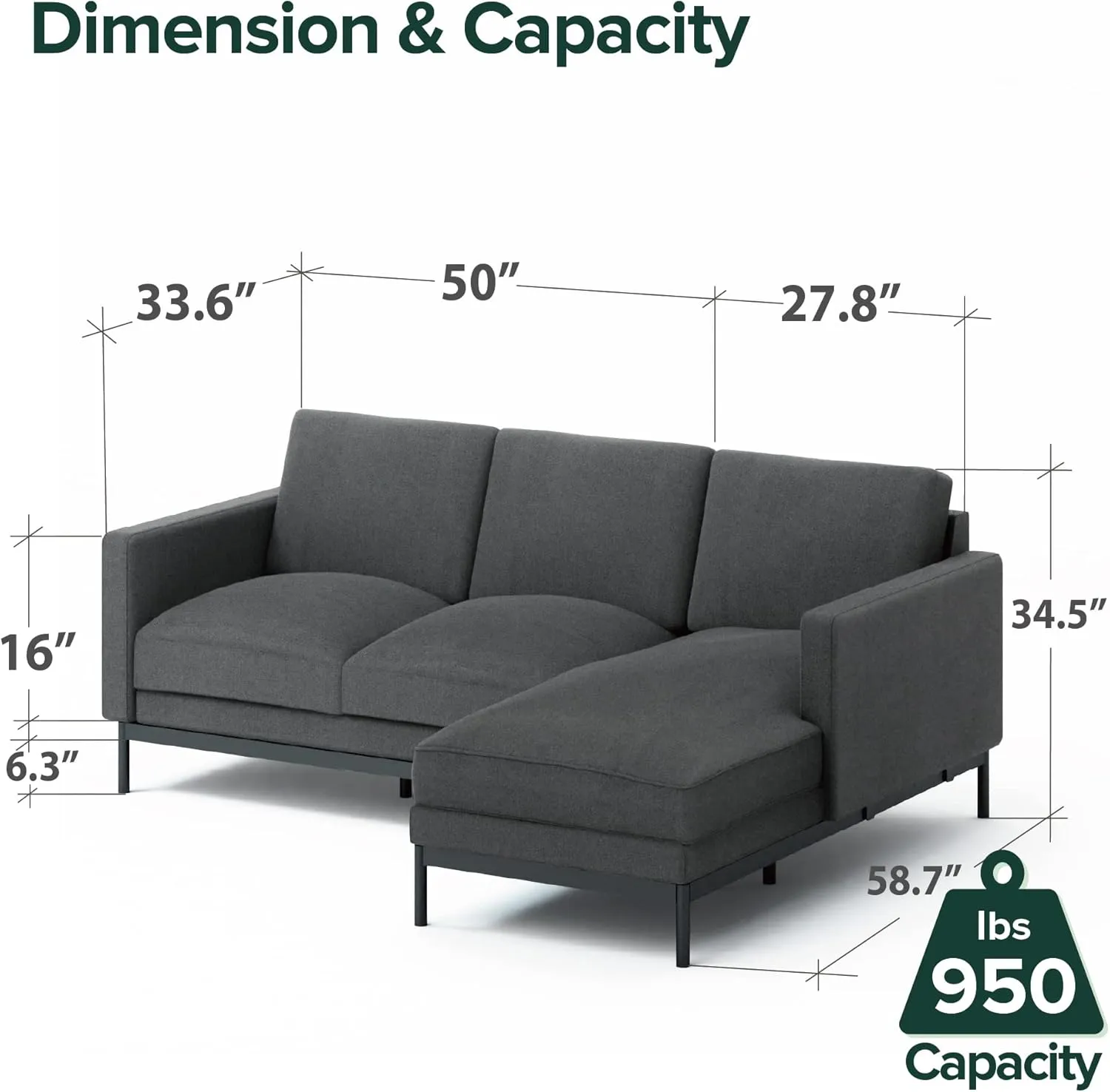 ZINUS Logan Reversible Sectional Chaise, L-Shaped Sofa, Green Tea Infused Foam Cushions, Tool-Free, Easy Assembly, Dark Grey