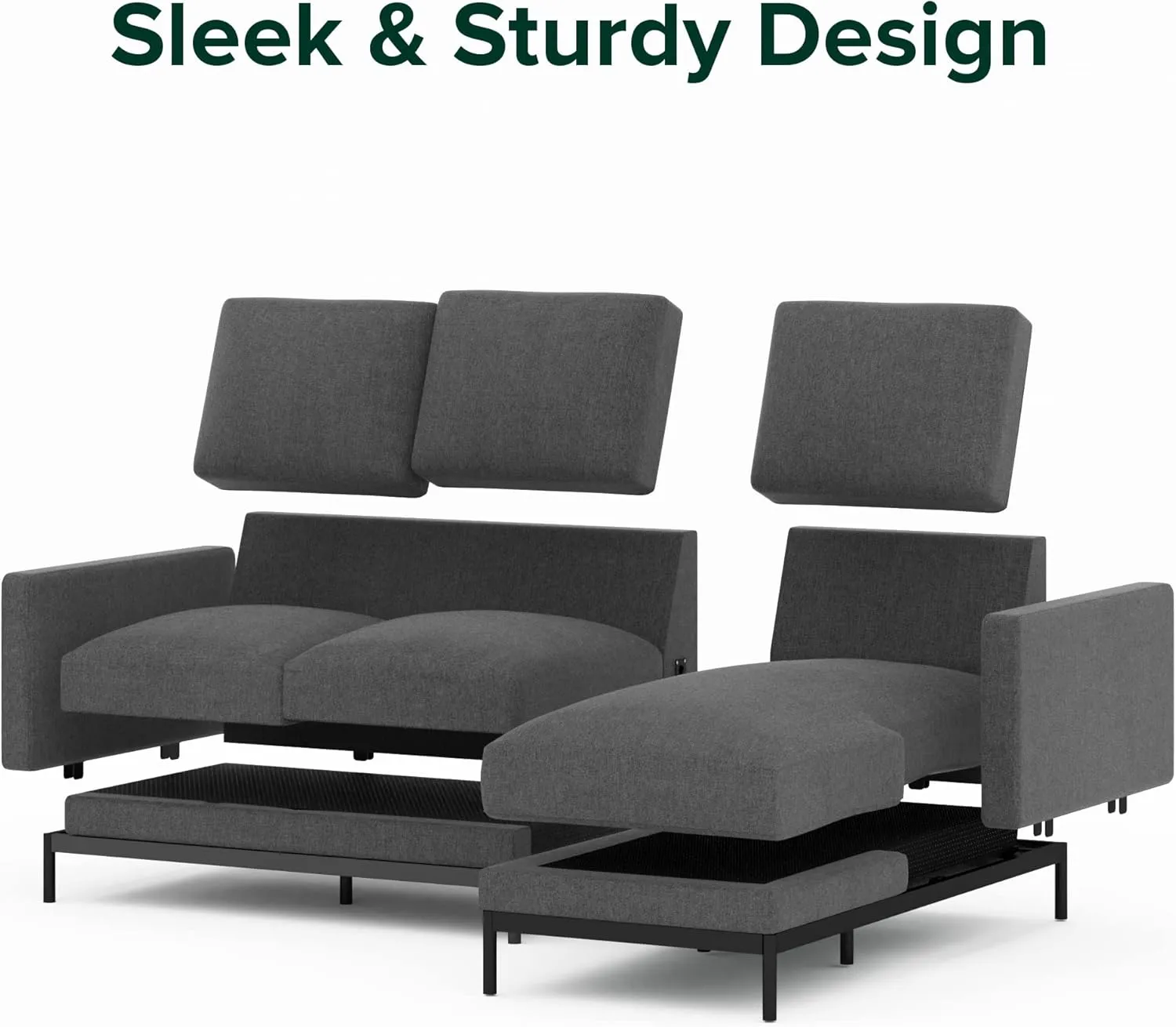 ZINUS Logan Reversible Sectional Chaise, L-Shaped Sofa, Green Tea Infused Foam Cushions, Tool-Free, Easy Assembly, Dark Grey