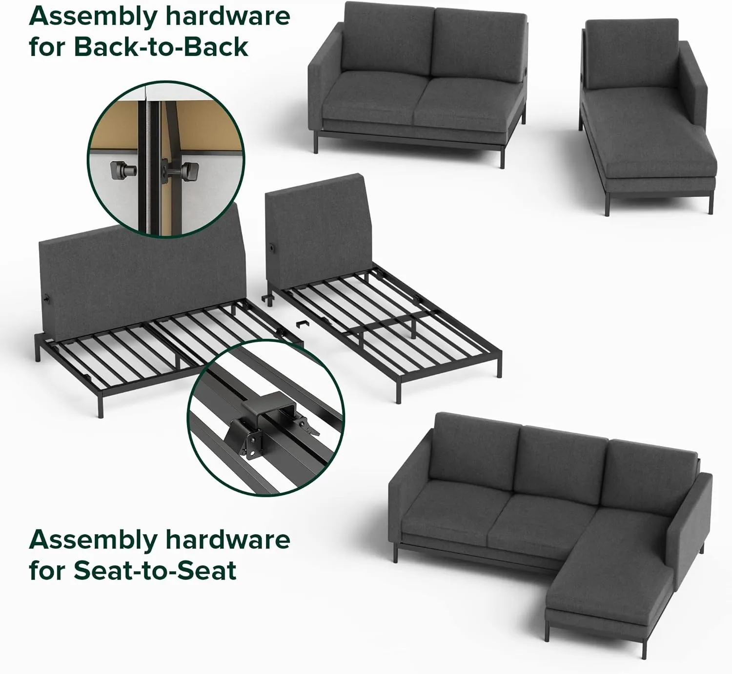 ZINUS Logan Reversible Sectional Chaise, L-Shaped Sofa, Green Tea Infused Foam Cushions, Tool-Free, Easy Assembly, Dark Grey